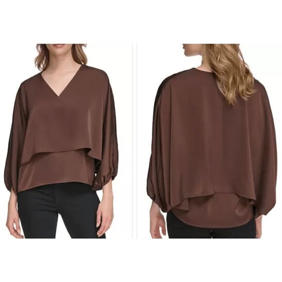 Calvin Klein Women's V-Neck Satin Back Crepe Popover Blouse M - Picture 1 of 6